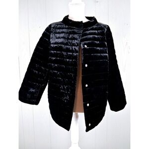 Talbots Down Puffer Jacket Womens 12 Black Quilted Velour 3/4 Sleeves Plush Chic